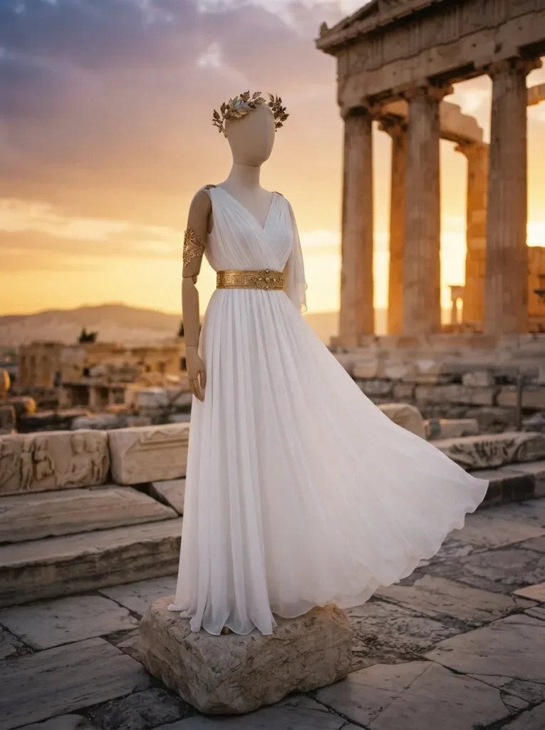 ![The Odyssey inspired Athena Halloween costume, woman wearing flowing white Greek-inspired dress with gold belt, gold arm cuffs and laurel crown, ancient Greek inspired backdrop, warm sunset lighting, elegant cinematic photography, vertical Pinterest composition, no text.]