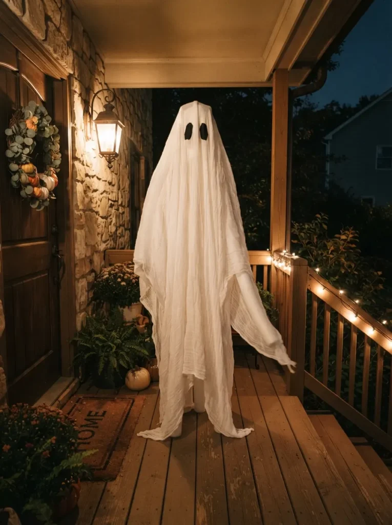 ![Tall pool-noodle ghost draped in white fabric with simple black eyes standing on a front porch, soft porch-light glow, vertical Pinterest photography, life-size-pool-noodle-ghost styling.]