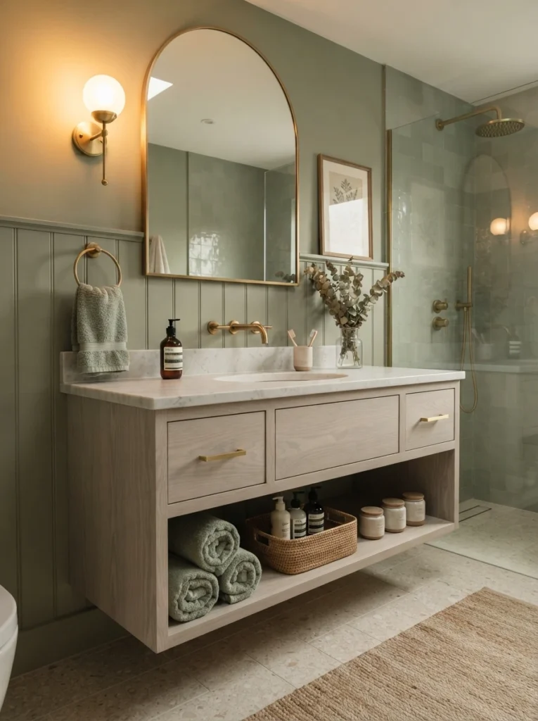 Cool-toned white oak paired with sage green in a bathroom, undertones carefully matched, warm bathroom lighting, vertical Pinterest photography, warm undertone-matched styling.