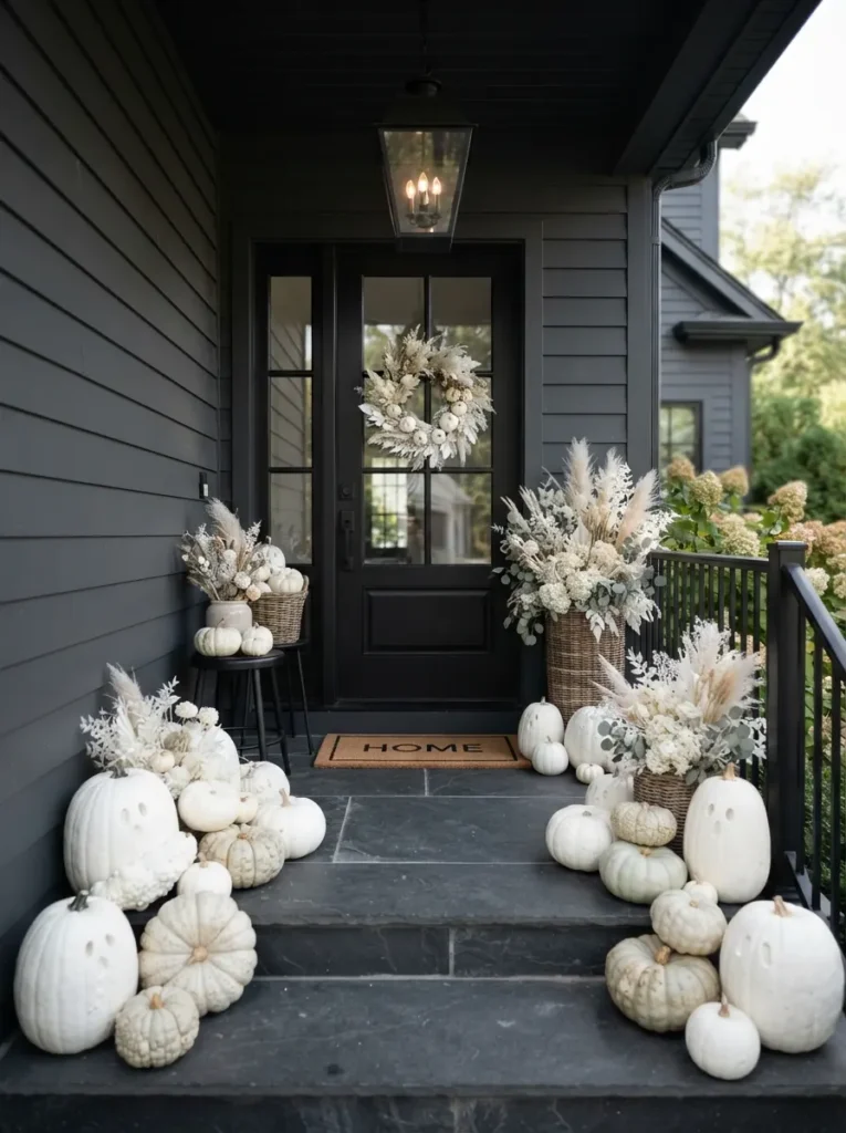 ![A front porch styled entirely with white ghost pumpkins, pale gourds, and white dried florals against a dark charcoal house exterior, high-contrast and modern, crisp daylight, vertical Pinterest photography, chic minimalist Halloween styling.]