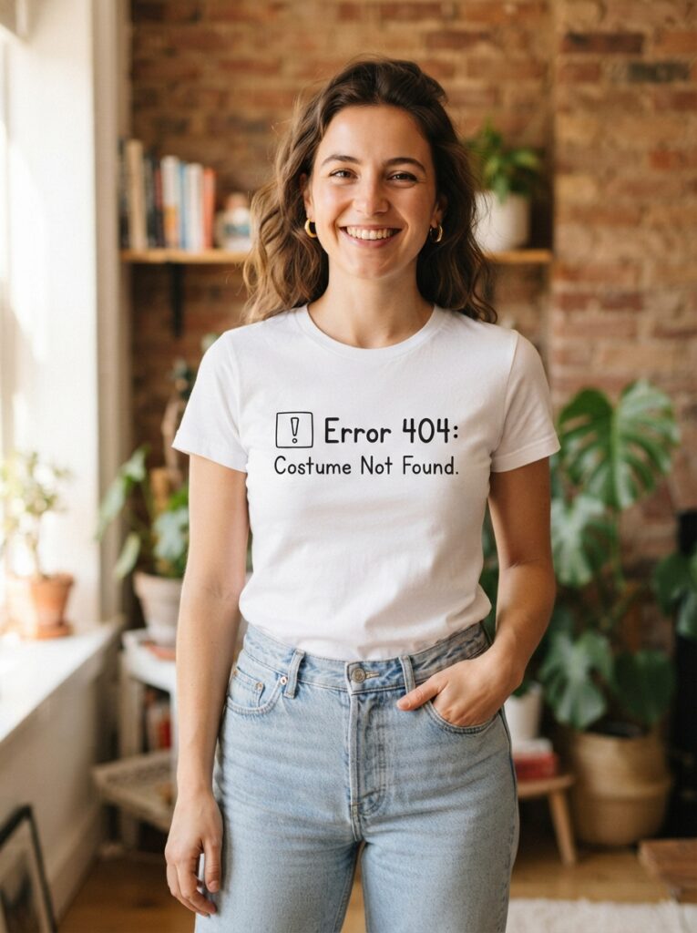 ![A crisp white t-shirt featuring a meticulously drawn 'Error 404: Costume Not Found' digital interface in black marker, minimalist and clean, bright daylight, vertical Pinterest photography, clever tech costume styling.]