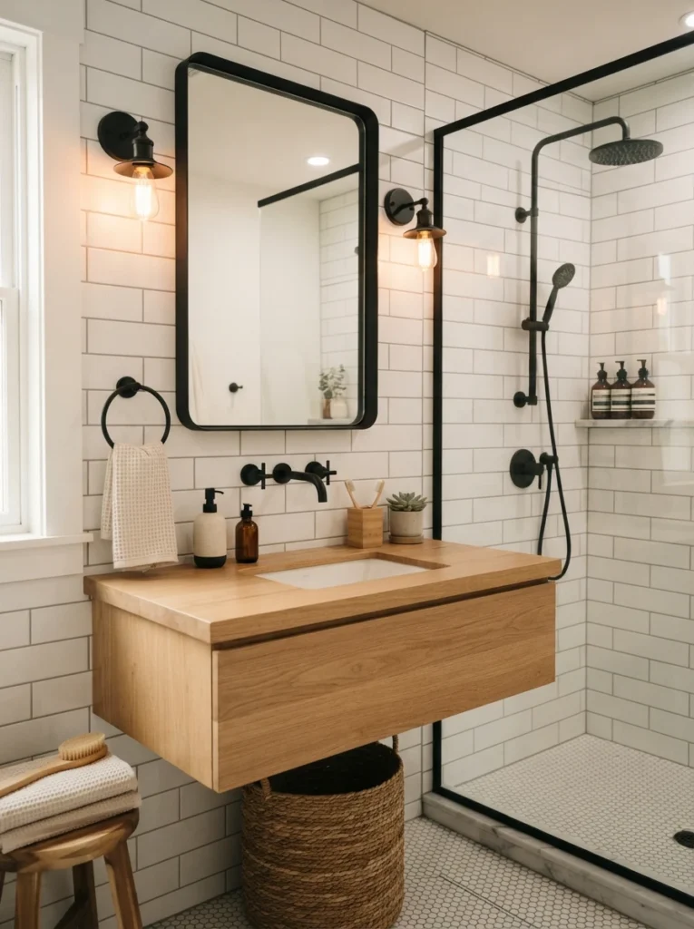 Crisp white tile paired with matte black fixtures in a bathroom, effortlessly balanced contrast, warm bathroom lighting, vertical Pinterest photography, warm white-black-fixture styling.
