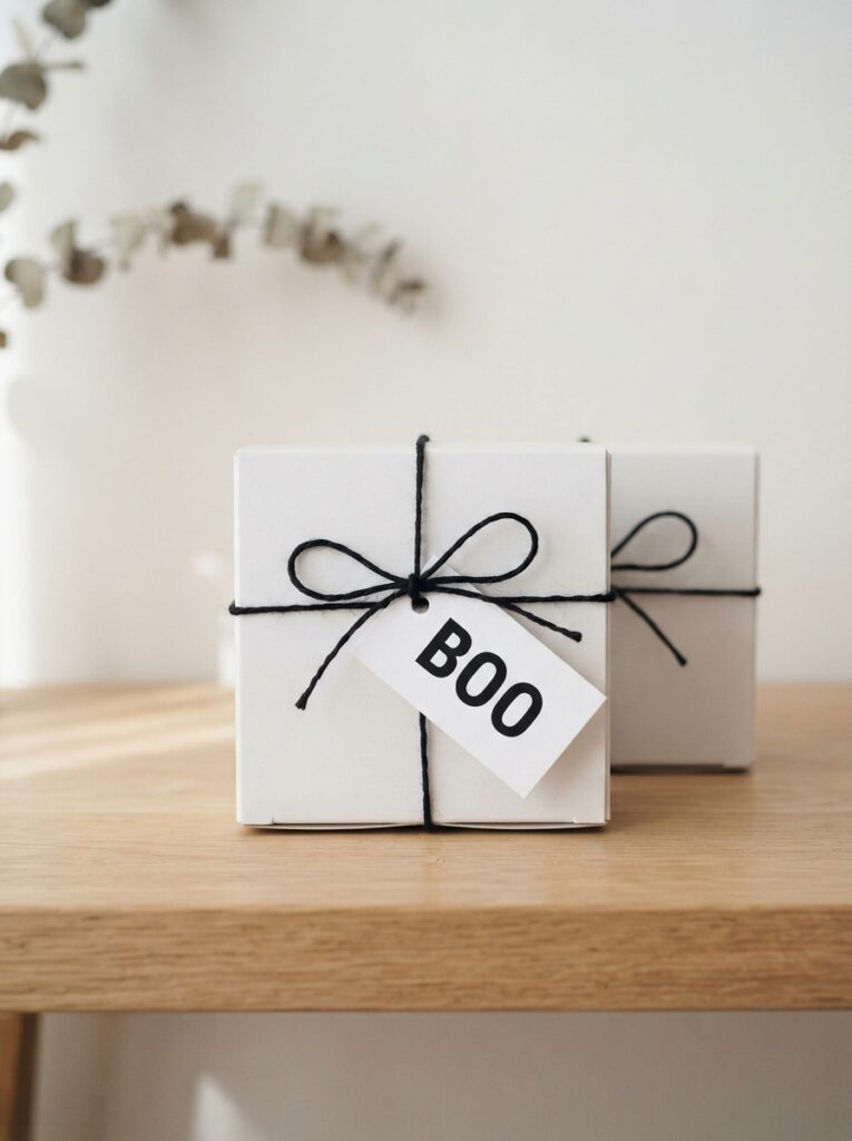 Plain white cardboard treat boxes tied with thin black string, featuring a crisp white tag with the word 'BOO' printed in bold, modern sans-serif typography, minimalist lighting, vertical Pinterest photography, graphic design typography styling.