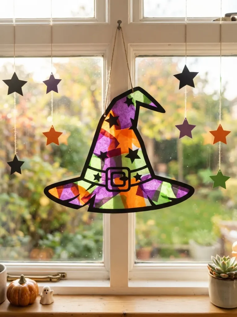 A Halloween witch-hat suncatcher made from black cardstock with purple, orange, and green tissue paper, displayed in a sunny window with paper stars, vertical Pinterest photography.