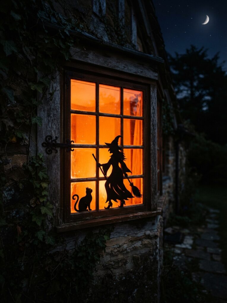 ![A glowing house window at night entirely backlit in vibrant orange, featuring a crisp, detailed black silhouette of a witch and cat, cinematic shadow-play, dark night exterior, vertical Pinterest photography, traditional silhouette window styling.]