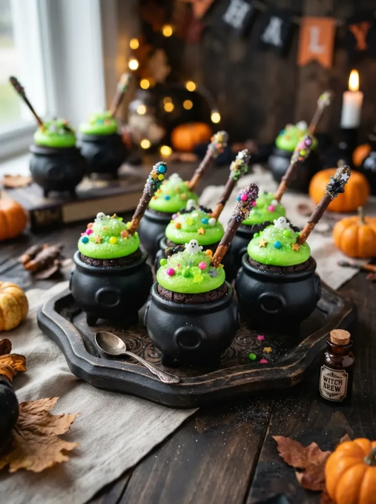 Bright green Halloween witch brew cupcakes with bubbling candy decorations, edible glitter, pretzel stirring sticks, and cauldron-inspired serving pieces, vertical Pinterest photography.