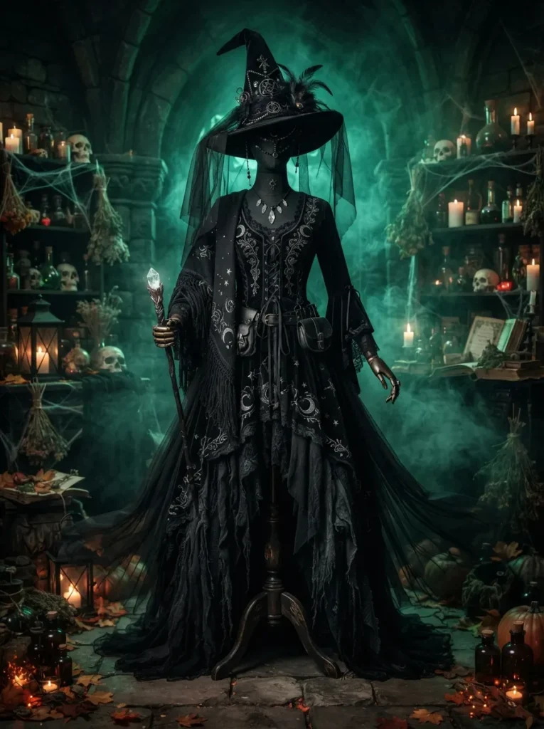 ![Elphaba inspired Wicked Halloween costume, woman with green theatrical makeup wearing a dramatic black witch hat and flowing black dress, dark magical setting with emerald lighting, subtle smoke and autumn Halloween atmosphere, cinematic realistic photography, vertical Pinterest composition, no text.]