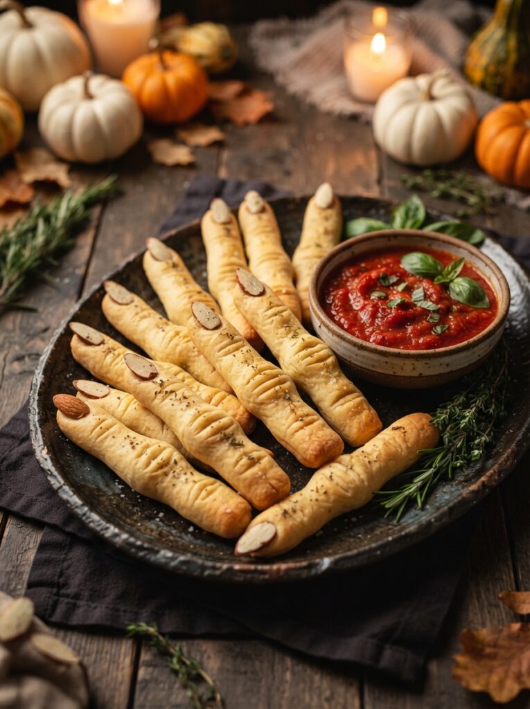 ![Creepy but playful Halloween breadsticks shaped like long witch fingers, golden baked dough with realistic finger joints and sliced almond fingernails, arranged on a dark ceramic platter with a bowl of rich red marinara dipping sauce, fresh herbs and small pumpkins nearby, dramatic warm lighting, highly appetizing realistic food photography, vertical Pinterest composition, no text.]