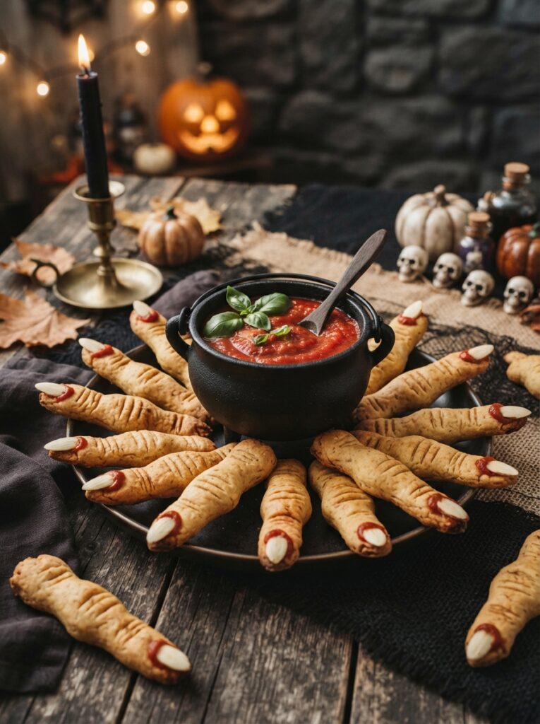 ![A Halloween monster nacho platter with melted cheese, black beans, olives, jalapeños, salsa, and guacamole, arranged into a playful face for movie night, vertical Pinterest photography.]