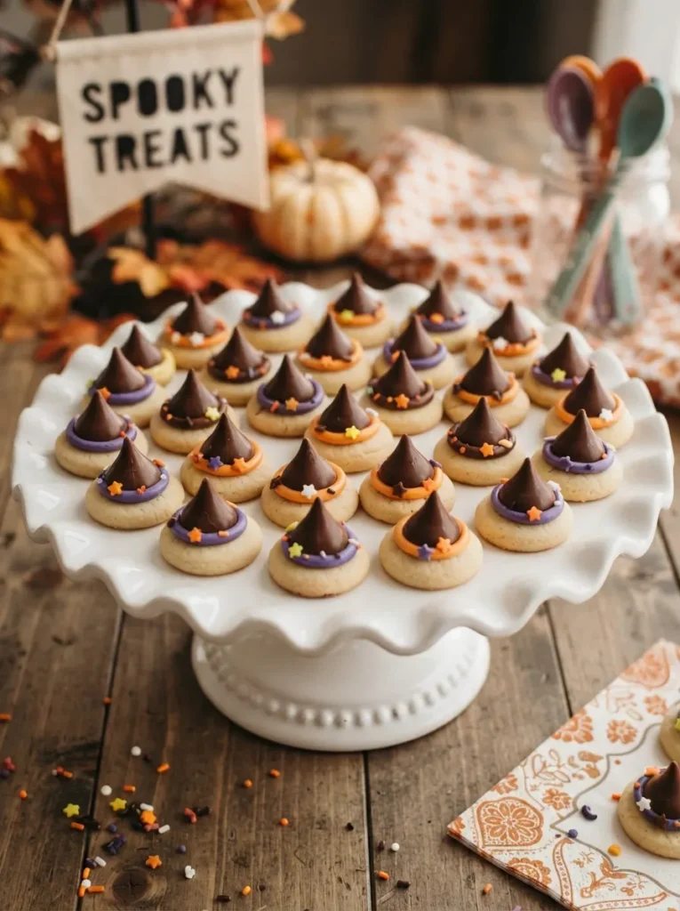 ![Miniature Halloween witch hat cookies made with round cookies, chocolate kisses, purple and orange icing bands, arranged on a cake stand, vertical Pinterest photography.]