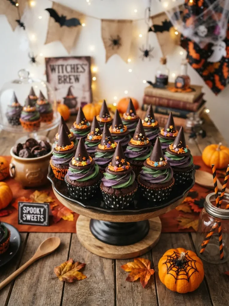 Halloween witch hat cupcakes with purple and green frosting, chocolate cone hats, orange icing bands, and edible stars, festive dessert table, vertical Pinterest photography.
