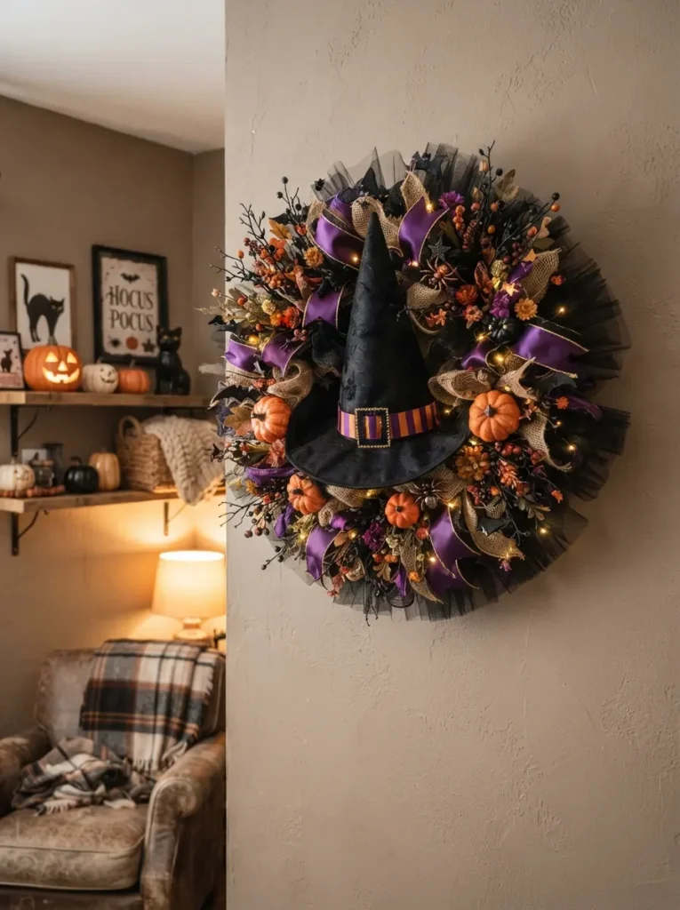 ![A whimsical Halloween witch hat wreath displayed on a cozy living room wall, large pointed black witch hat positioned at the center of a circular wreath, surrounded by black tulle, deep purple ribbon, dried flowers, miniature orange pumpkins and small spiders, warm lamp lighting, playful witchy atmosphere, realistic home decor photography, vertical Pinterest composition, no text.]