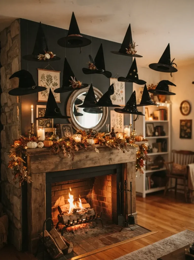![Black fabric witch hats suspended by invisible wire appearing to float magically in the air just above a decorated fireplace mantel, warm room lighting, vertical Pinterest photography, floating magical aesthetic styling.]