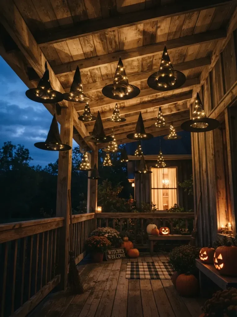 ![Black fabric witch hats suspended by invisible wire from a wooden porch ceiling, appearing to float in mid-air, glowing warm porch lights casting soft shadows at dusk, vertical Pinterest photography, magical Halloween aesthetic styling.]