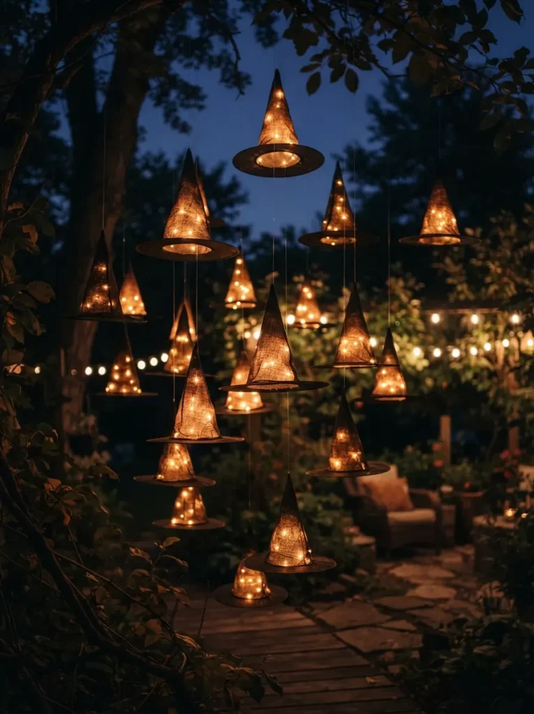 ![Several black witch hats hanging at different heights with soft glowing lights inside, dark evening background, vertical Pinterest photography, floating-witch-hat-luminary styling.]