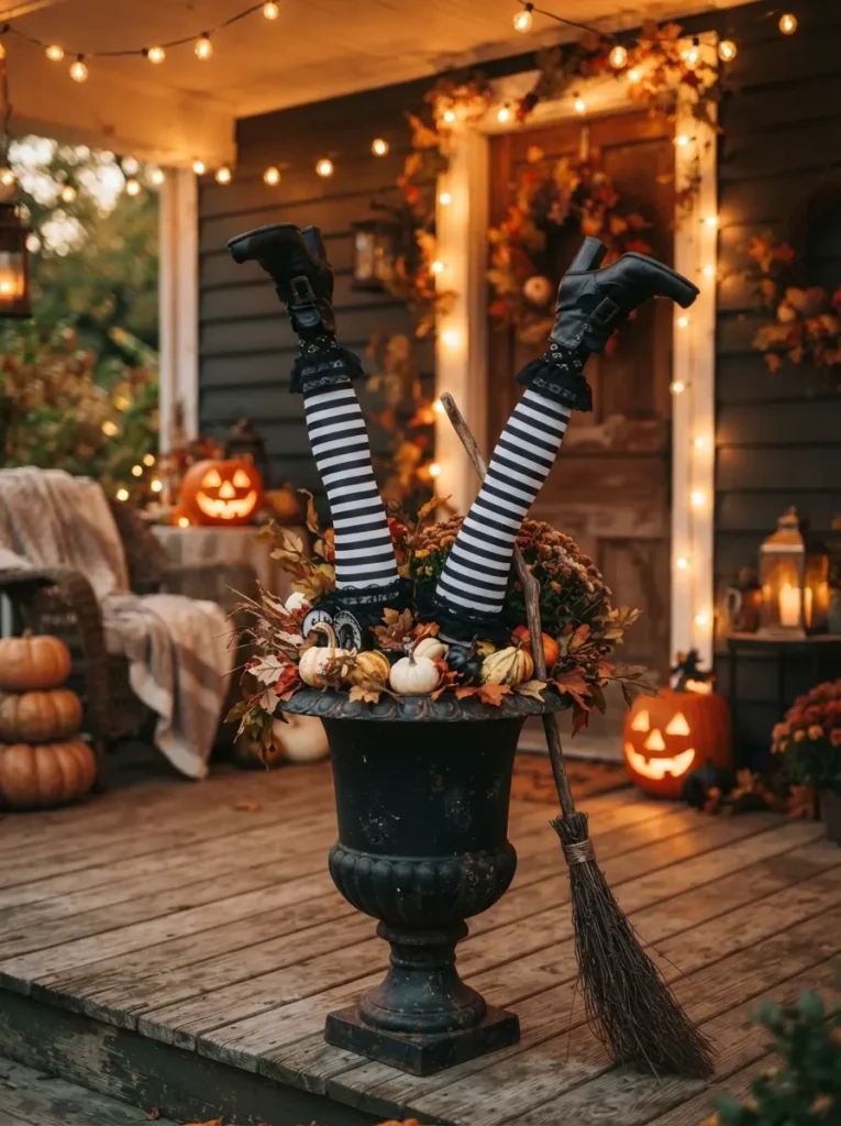 ![Pair of striped witch legs sticking out of a large black planter on a porch, playful outdoor lighting, vertical Pinterest photography, crashed-witch-legs styling.]