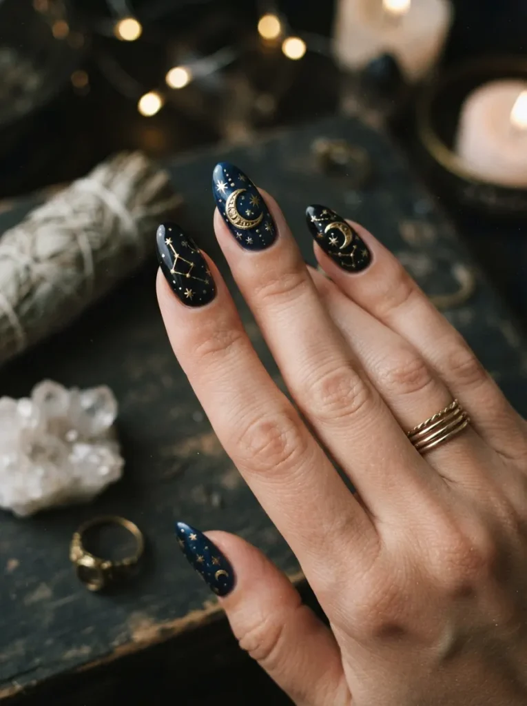 ![Witchy Halloween nail art with crescent moons, tiny stars, constellations, and metallic gold details on midnight blue and black nails, vertical Pinterest beauty photography.]