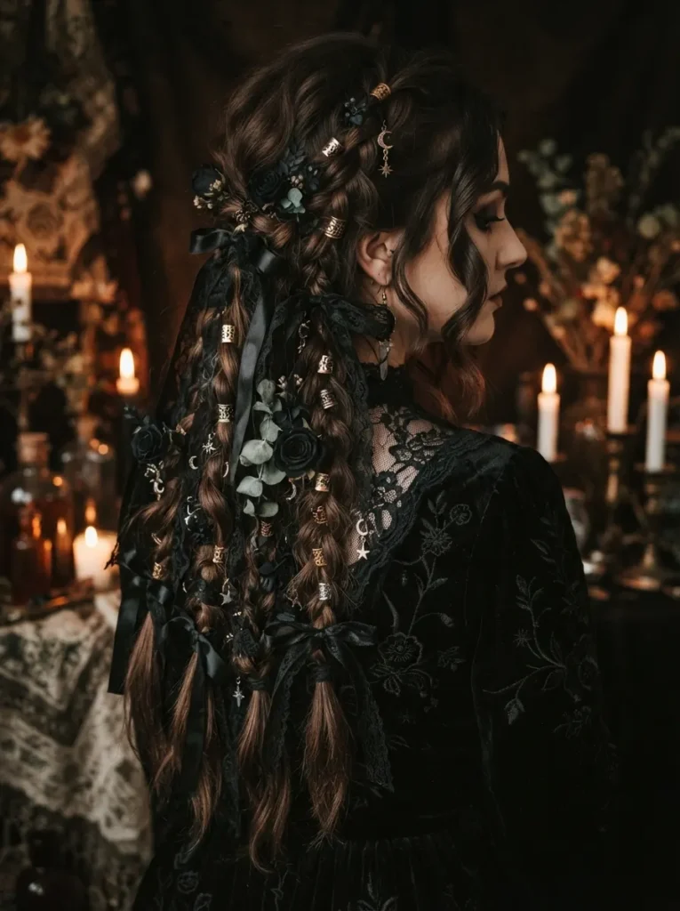 Long loose witchy braids decorated with black ribbon, tiny metallic hair cuffs, dried flowers, and star accessories, dark Halloween styling, moody vertical Pinterest beauty photography.
