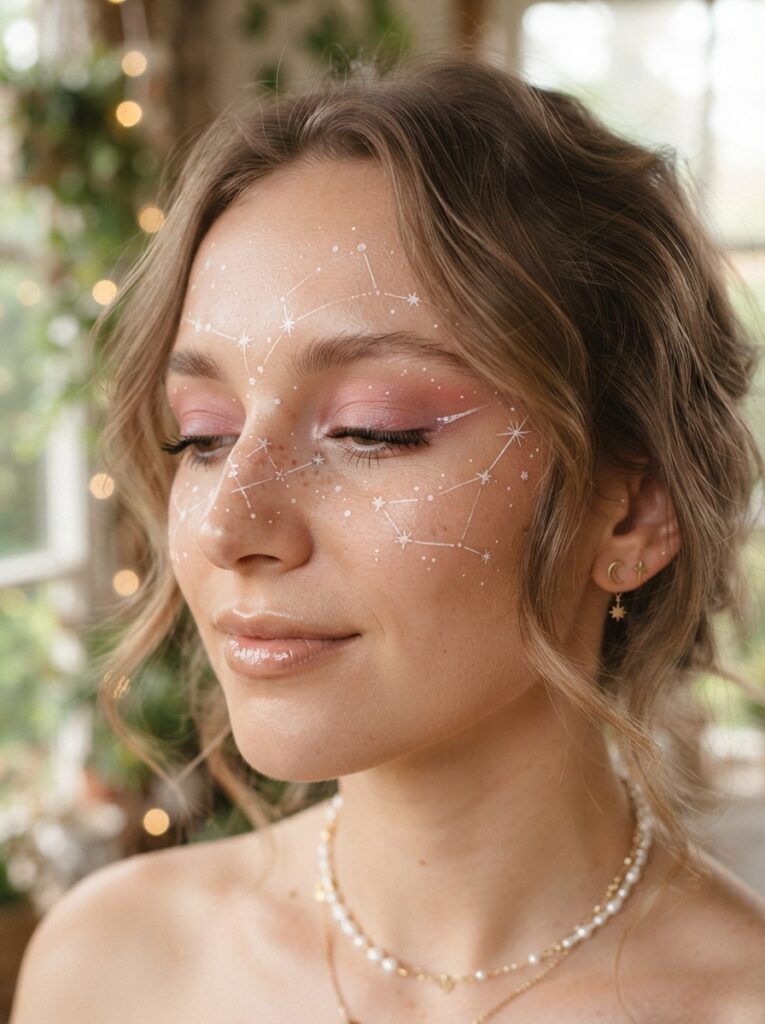 ![A woman with flawless makeup featuring iridescent, duo-chrome green and purple mermaid scales across her cheekbones and temples, created using the fishnet technique, soft glowing light, vertical Pinterest photography, ethereal mermaid styling.]