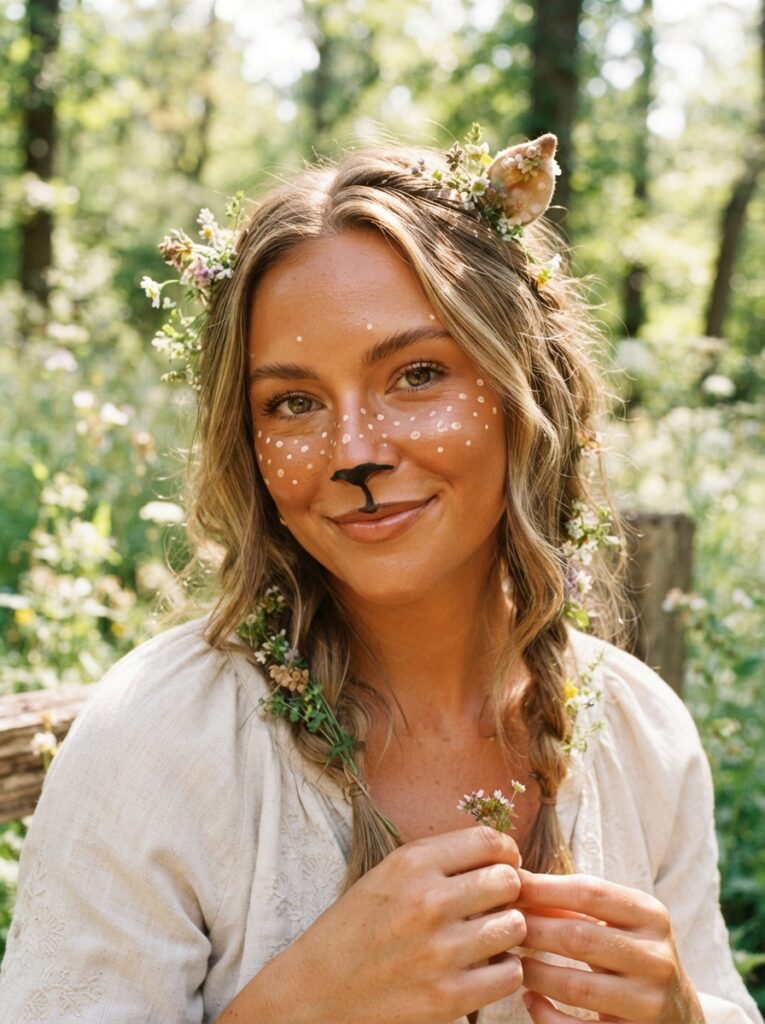 ![A portrait of a woman with heavy warm bronzer and white concealer dots across her cheeks, featuring a small black painted nose, looking sweet and sunkissed, bright daylight, vertical Pinterest photography, woodland fawn makeup styling.]