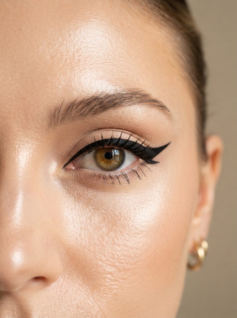 ![A close-up portrait of a woman's eye featuring sharp, architectural bat wing eyeliner drawn with deep black liquid liner, flawless glowing skin, crisp studio lighting, vertical Pinterest photography, minimalist graphic makeup styling.]