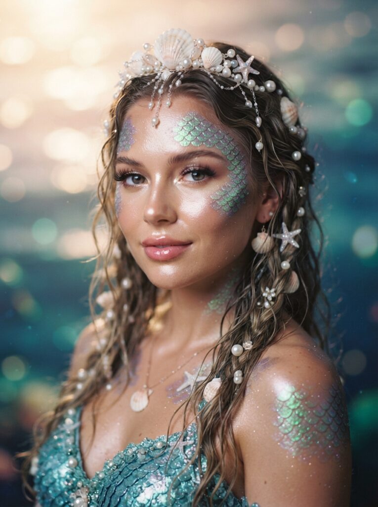 ![A close-up of a woman's face decorated with delicate white eyeliner dots and fine lines connecting them like starry constellations across the nose and cheeks, soft romantic lighting, vertical Pinterest photography, ethereal celestial makeup styling.]