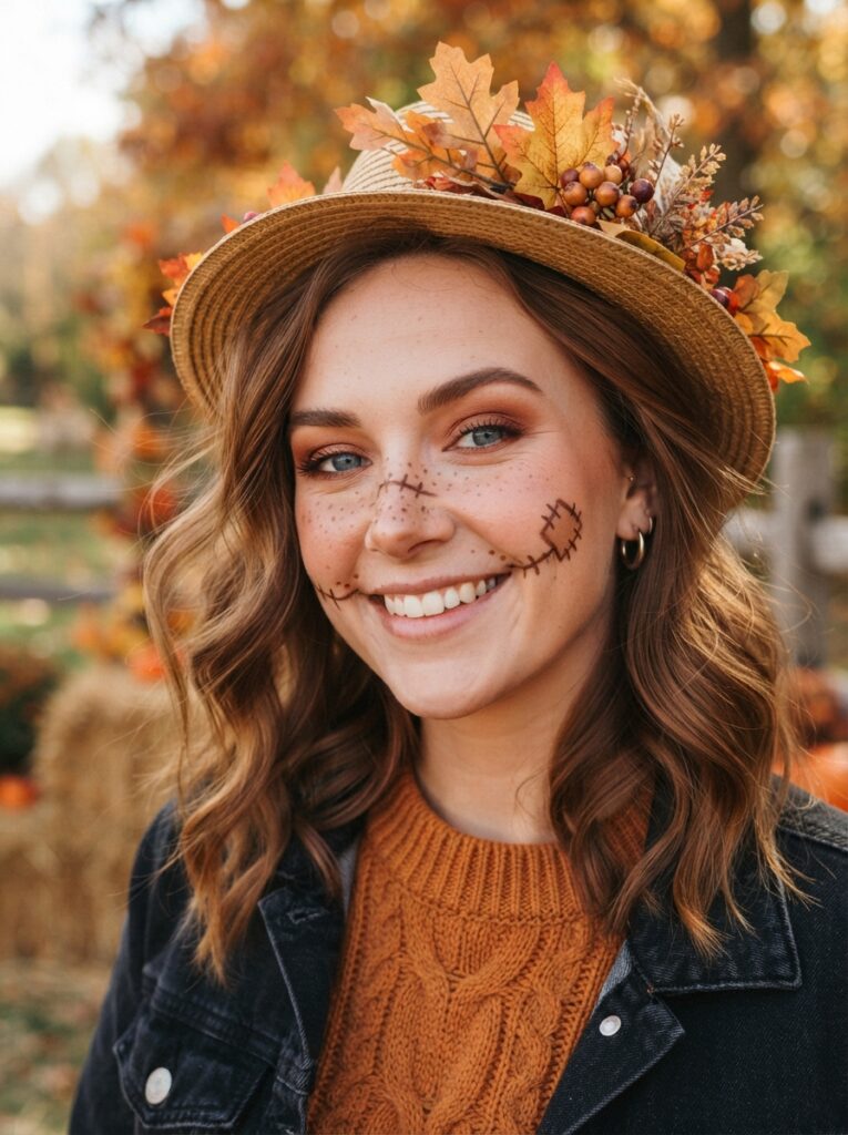 ![A woman's face featuring simple, rustic stitched lines drawn with brown eyeliner extending from the mouth and across the nose, warm autumnal tones, bright natural light, vertical Pinterest photography, chic scarecrow makeup styling.]