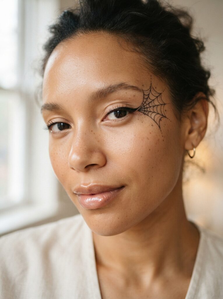 ![A close-up of a woman's face showing a delicate, fine-line spiderweb drawn on the outer corner of one eye using black liquid eyeliner, natural glossy lips, soft ambient light, vertical Pinterest photography, chic minimalist makeup styling.]