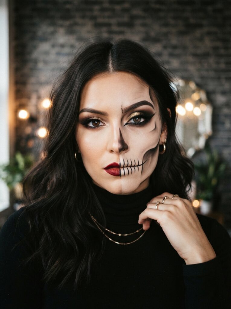 ![A person's face featuring sharp black liquid eyeliner contour lines on the jaw and cheekbones, with uniform white dots, resembling a 2D pop art comic book character, crisp studio lighting, vertical Pinterest photography, pop art makeup styling.]