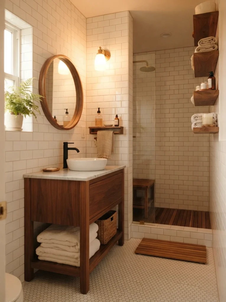 Warm wood accents in a small all-tile bathroom, softening the overall look, warm bathroom lighting, vertical Pinterest photography, warm wood-accent styling.