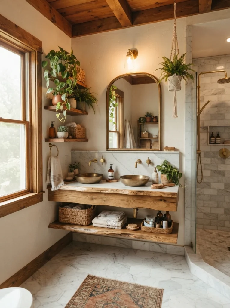 Warm wood trim paired with cool marble surfaces in a boho bathroom, warm bathroom lighting, vertical Pinterest photography, warm wood-marble-contrast styling.