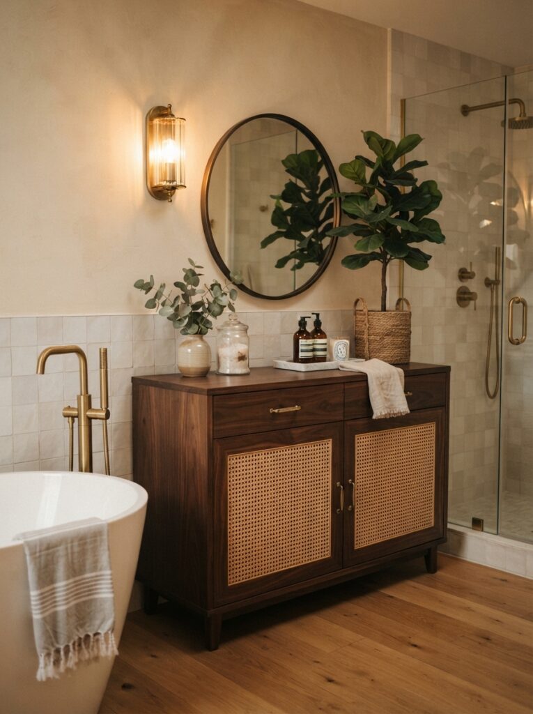 ![A dark wood sideboard used as bathroom storage in a modern bathroom, blurring the line with living room furniture, warm bathroom lighting, vertical Pinterest photography, warm furnished-bathroom styling.]