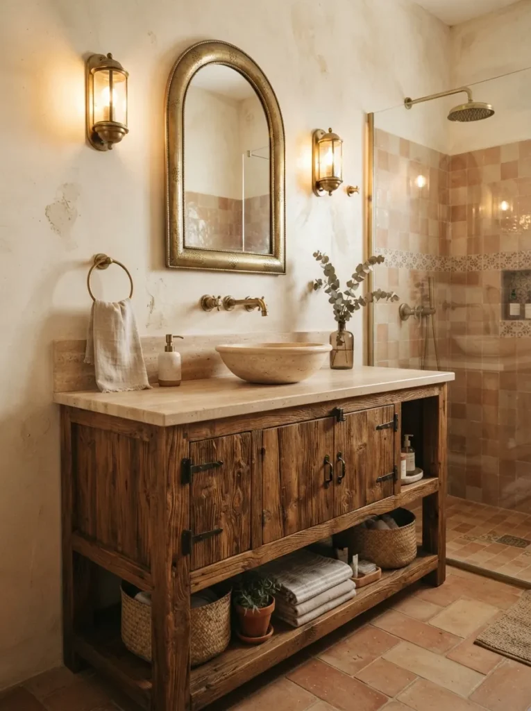 ![A Mediterranean-style wood vanity with visible natural grain in a bathroom, warm bathroom lighting, vertical Pinterest photography, warm wood-grain-vanity styling.]