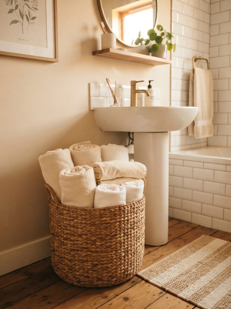 A woven basket in a rental bathroom, holding extra towels and adding natural texture, warm bathroom lighting, vertical Pinterest photography, warm woven-texture styling.