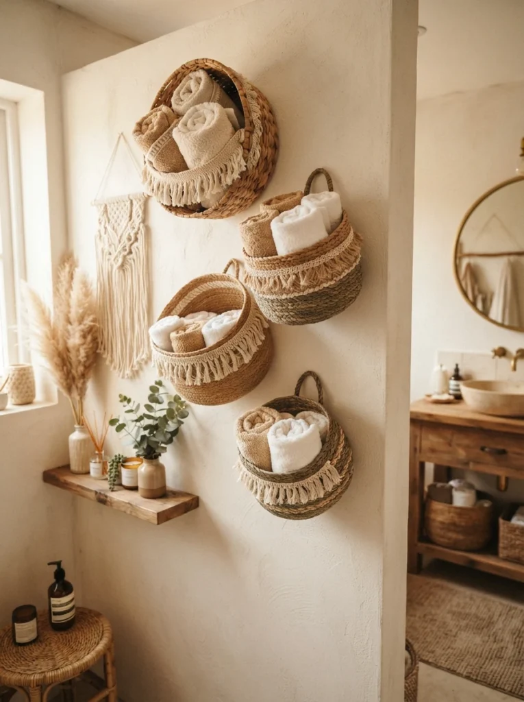 Wall-mounted woven baskets of varying sizes in a boho bathroom, holding rolled towels, warm bathroom lighting, vertical Pinterest photography, warm woven-basket styling.