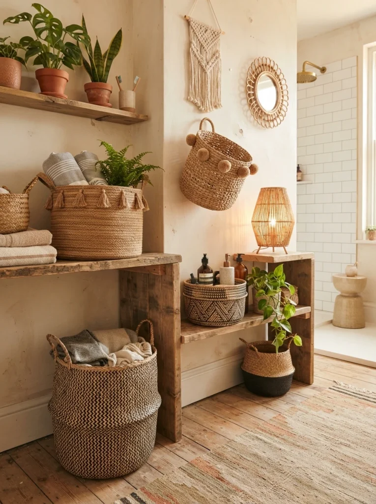 Mismatched woven baskets arranged with intentional asymmetry in a boho bathroom, warm bathroom lighting, vertical Pinterest photography, warm asymmetrical-styling.