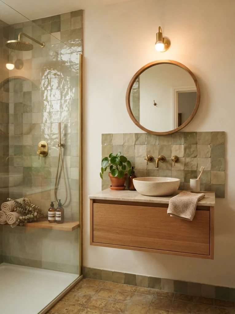 Sage green zellige tile installed on a boho bathroom accent wall, handmade irregular texture visible, warm bathroom lighting, vertical Pinterest photography, warm zellige-tile styling.